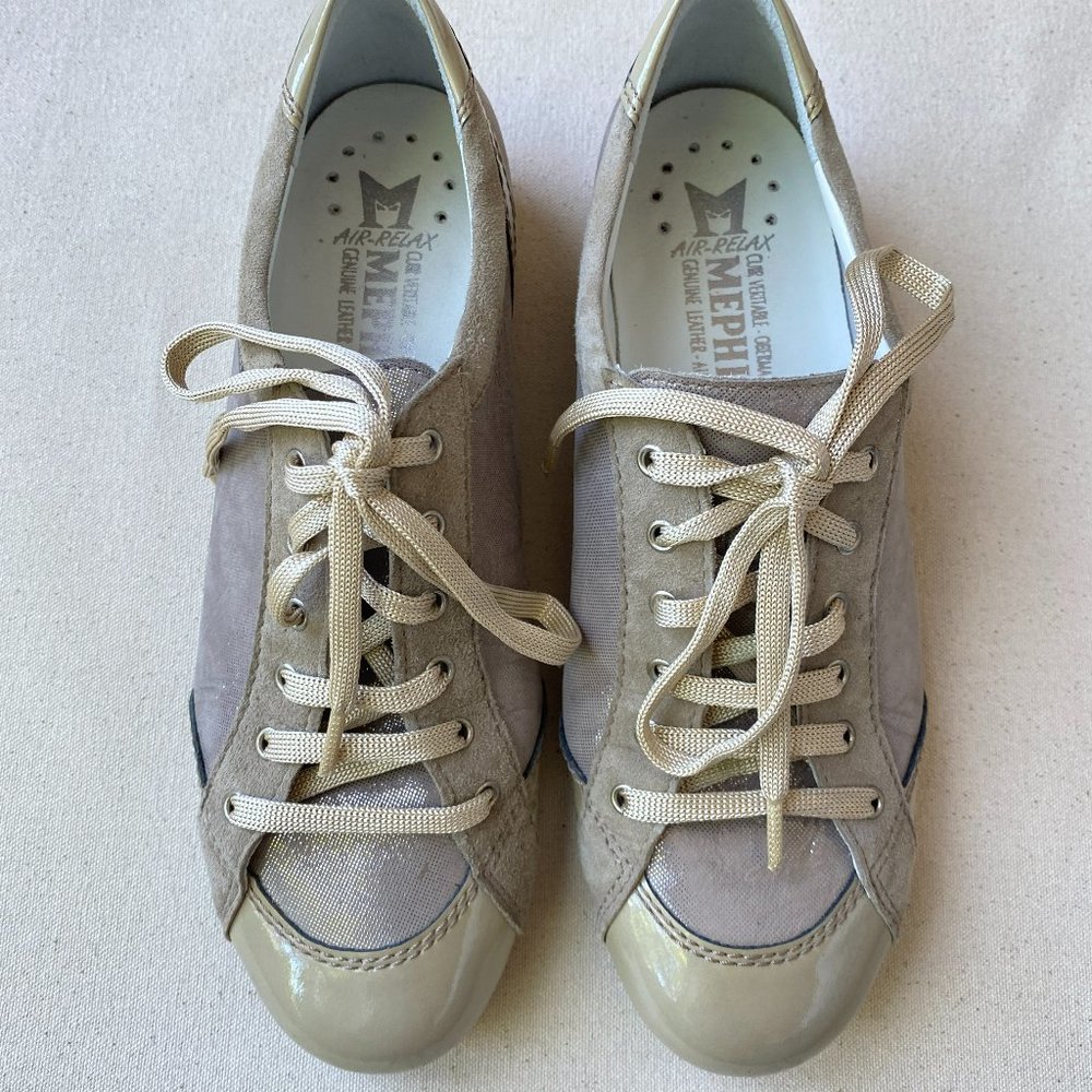 Mephisto Taupe Suede and Cream Leather Shock Absorbent Sneakers, Size 7
